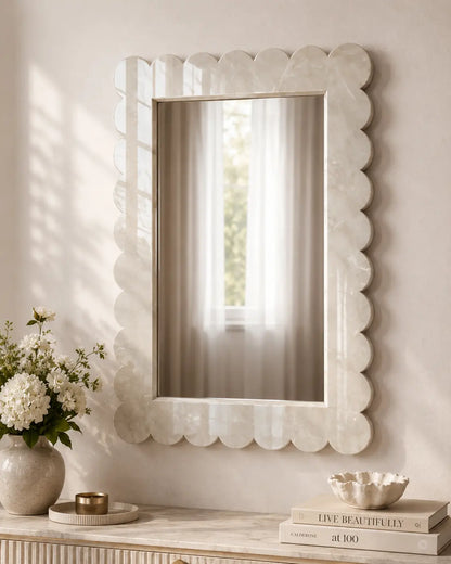 Kamoor White marble mirror frame with carved swirl border, handcrafted luxury stone mirror by Mozeeko