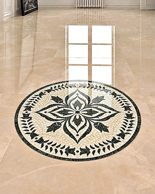 Pak Green Lotus marble mosaic medallion installed in a polished cream marble floor