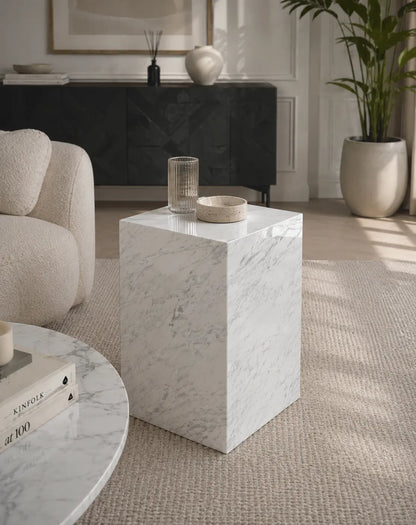 Kamoor white marble plinth with polished finish and mitered corners, styled as a sculptural accent pedestal