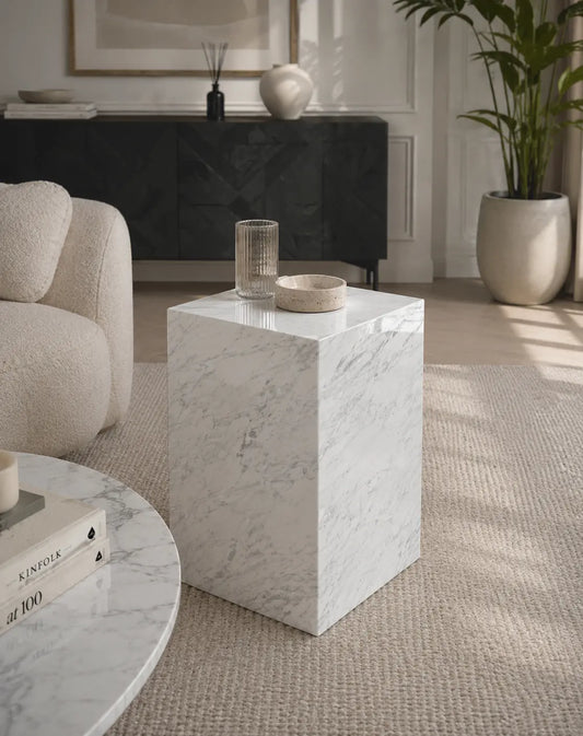 Kamoor white marble plinth with polished finish and mitered corners, styled as a sculptural accent pedestal