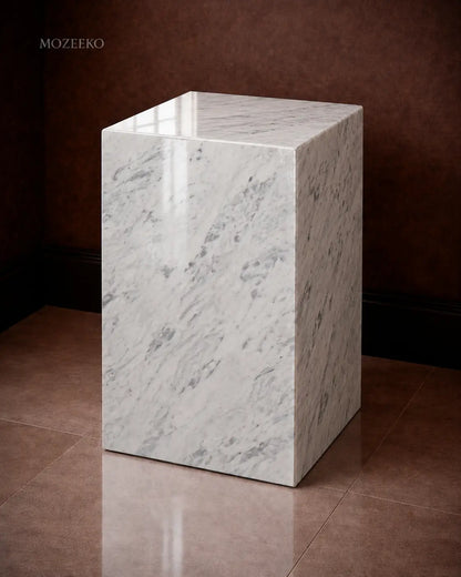 Kamoor white marble plinth with polished finish and mitered corners, styled as a sculptural accent pedestal-1