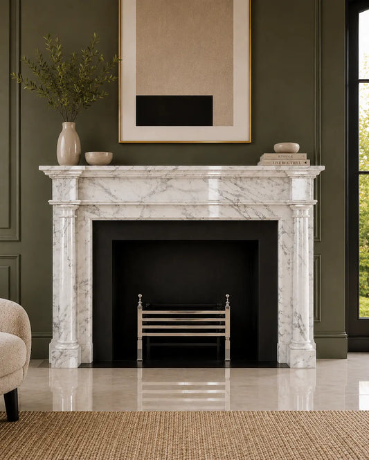 Handcrafted Ziarat White marble fireplace surround with fluted columns and polished natural stone finish.