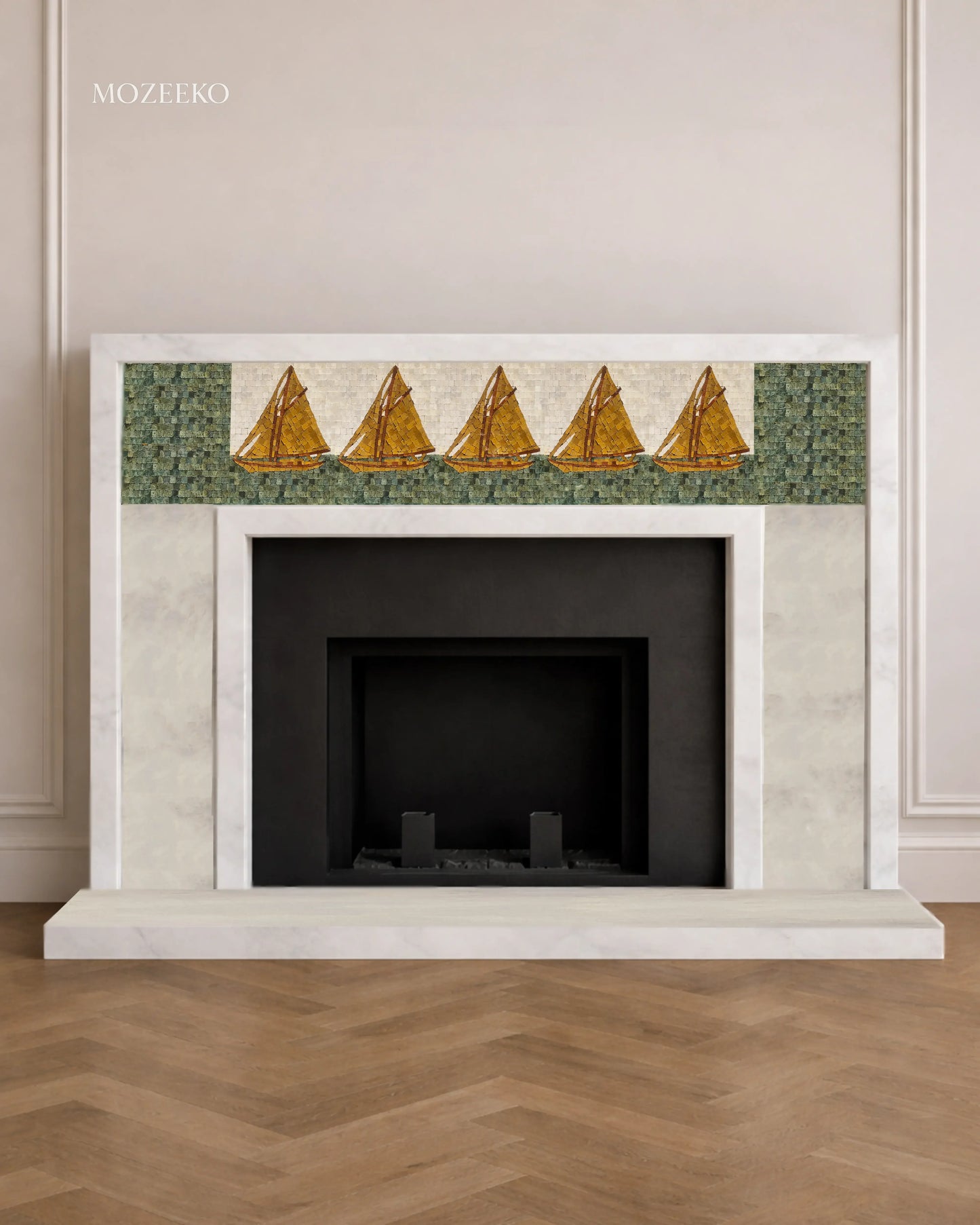 French-style Ziarat White marble fireplace featuring an inlaid mosaic frieze of golden sailing boats on green marble water, handcrafted and made to order by Mozeeko.